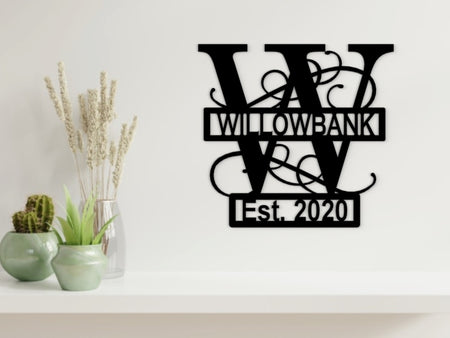 Letter Monogram Wall Art with Established Date in Black - from Monea Metal Design